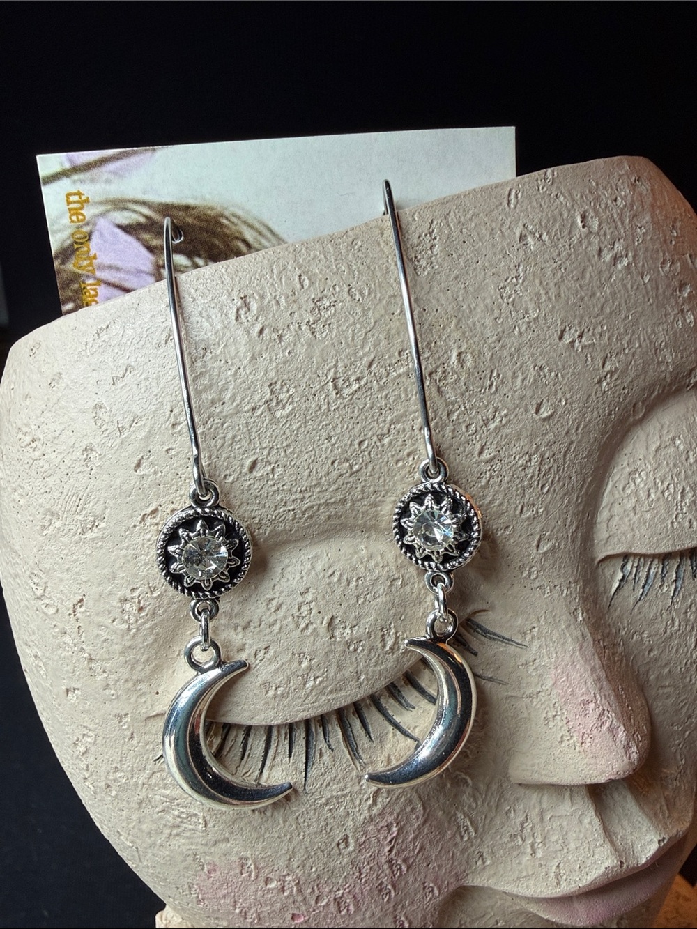 Silver Crescent Moon Drop Earrings with Crystal Accents